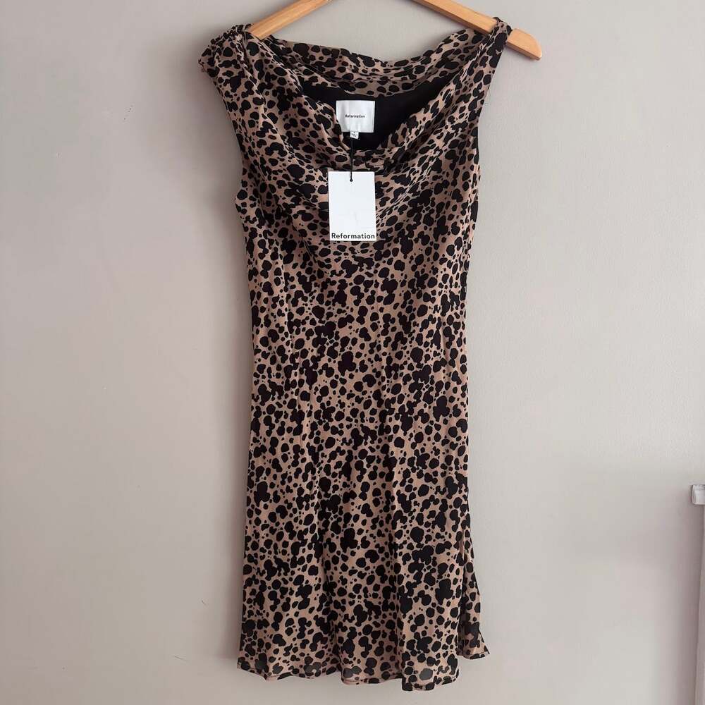 Reformation Kristine Mini Dress Leopard Print Cowl Neck Size 6 NEW